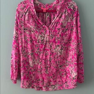Lilly Pulitzer Vibrant Pink Blouse with Black Floral Design